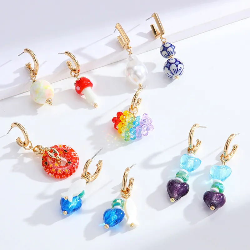 Women Chic Geometric Asymmetrical Design Glass Drop Earrings