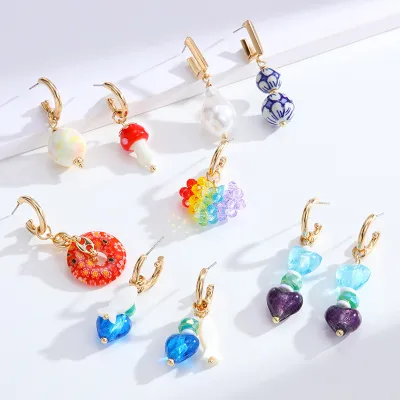 Women Chic Geometric Asymmetrical Design Glass Drop Earrings