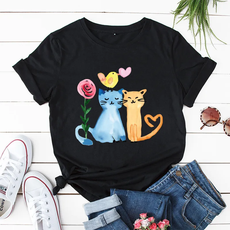 Women Casual Loose Plus Size Round Neck Short-sleeved Graphic Printed Colored T-shirt