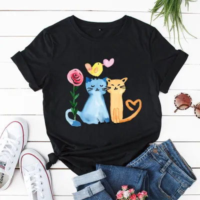 Women Casual Loose Plus Size Round Neck Short-sleeved Graphic Printed Colored T-shirt