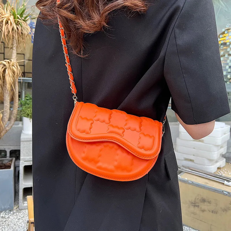 Women Fashion Flap Buckle Design Square Embossed Solid Color PU Crossbody Bag