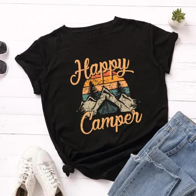 Wholesale Women Casual Cotton Loose Round Neck Short Sleeve Happy Campen T-Shirt Women