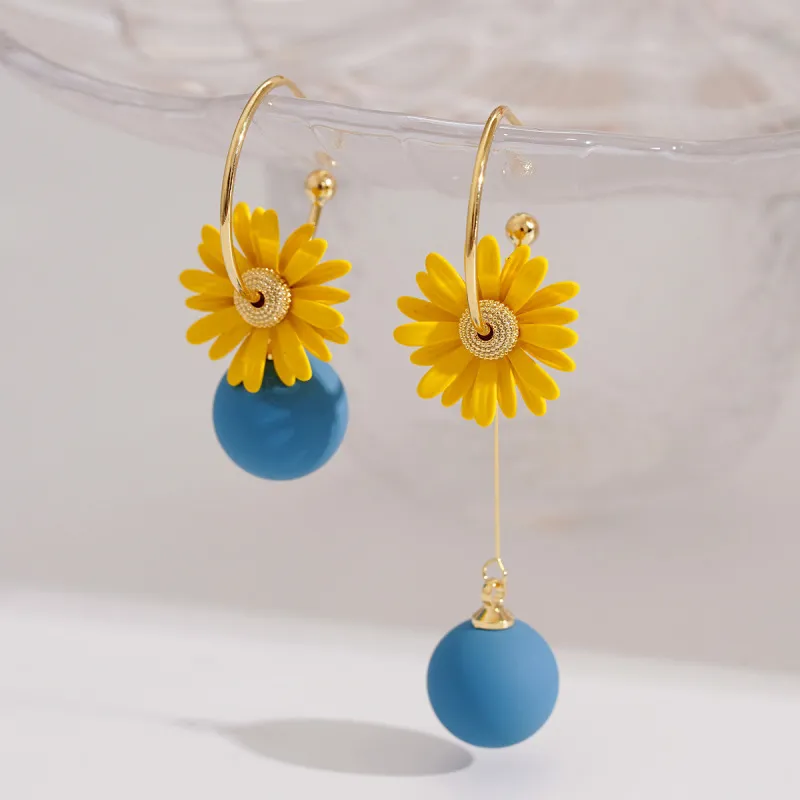 Women Irregular Yellow Flower Shaped Hoop Drop Earrings