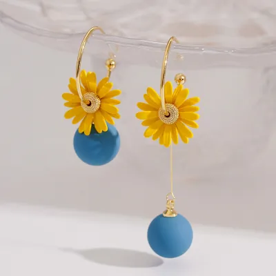 Women Irregular Yellow Flower Shaped Hoop Drop Earrings