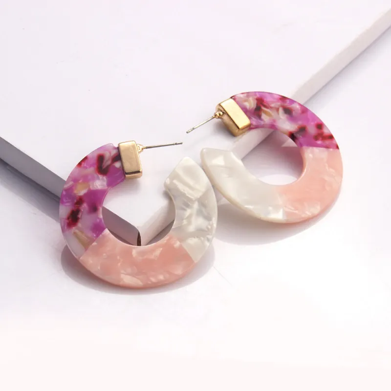 Women Retro Color Blocking Acrylic Hoop Earrings