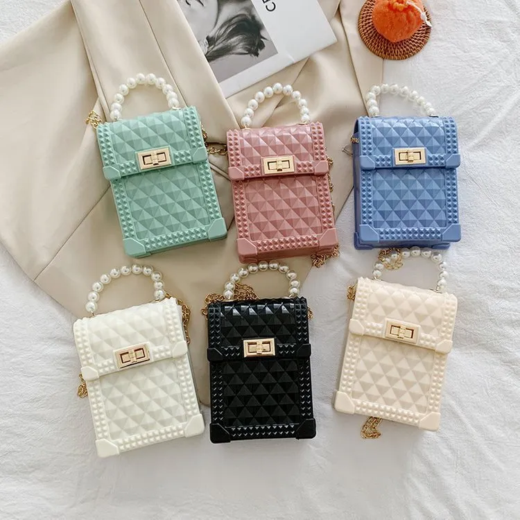 Women Cute Mini Pearl Decorative Flap Buckle Design Solid Color Crossbody Bag
