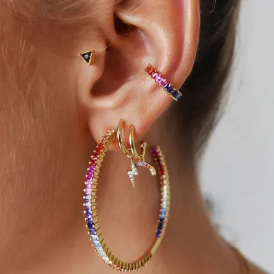 Women Chic Multicolor Rhinestone Decoration Hoop Earrings Set