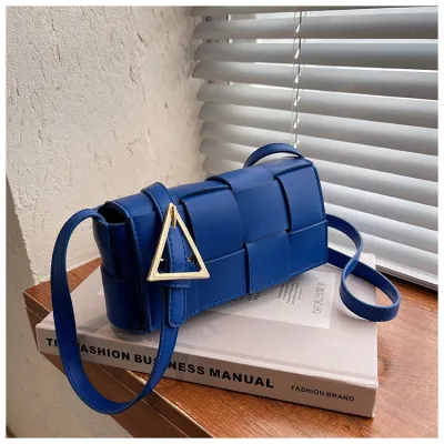 Women Fashion Woven Flap Design Solid Color PU Crossbody Bag