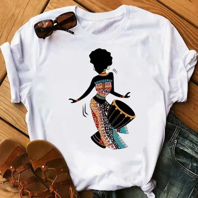 Wholesale Women Casual Retro Hand Painted Woman Pattern Printed Round Neck White Loose Short Sleeve T-Shirt