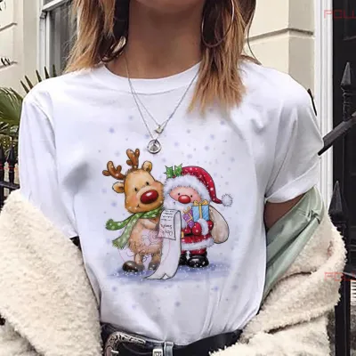 Wholesale Women Casual Short Sleeve Round Neck Pattern Christmas Fawn Print Loose T-Shirt