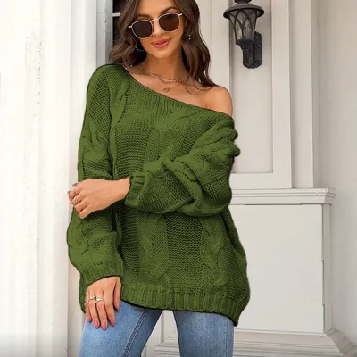 Women Autumn Loose Knitted Round Neck Solid Color Sweater