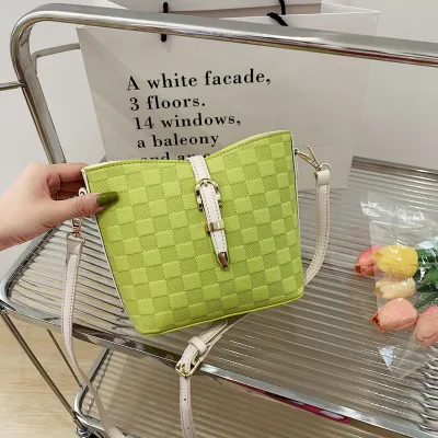 Women Fashion Buckle Design Plaid Large Capacity PU Crossbody Bag