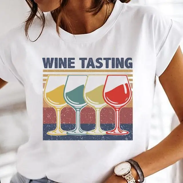 Wholesale Women Leisure Short Sleeve Round Neck Wine Glass Graphic Print Loose T-Shirt