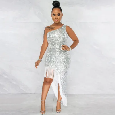 Women Elegant Night Out Fashion Sequined Oblique Shoulder Irregular Side-slit Tassel Bodycon Dress