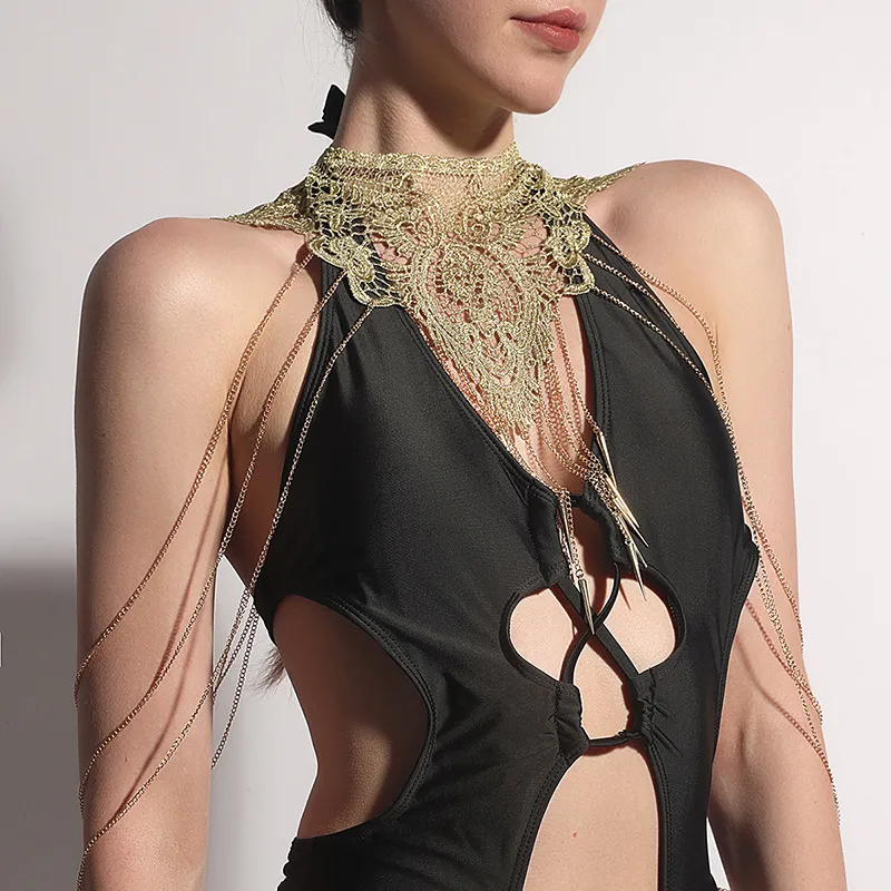 Women Vintage Exaggerated Hollow Out Lace Rhinestone Tassels Necklace