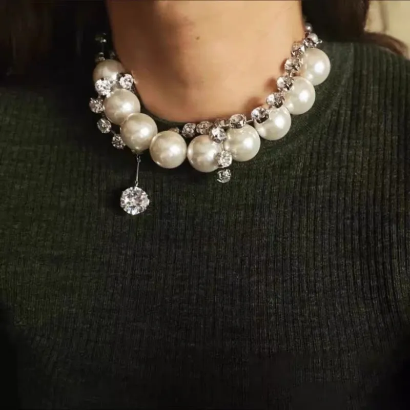 Women Exquisite Rhinestone Imitation Pearl Pendant Necklace Set