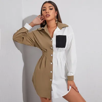 Women Casual Color Blocking Pocket Long-sleeved Shirt Dress Blouse