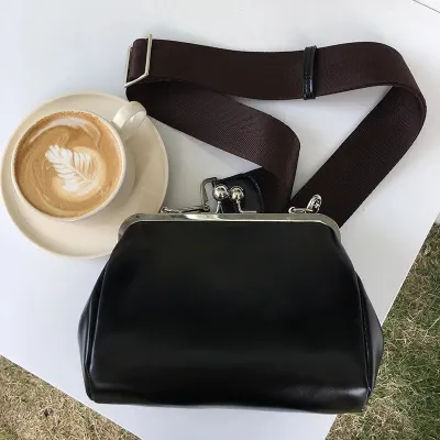 Women Vintage Basic Buckle Design Solid Color PU Crossbody Bag