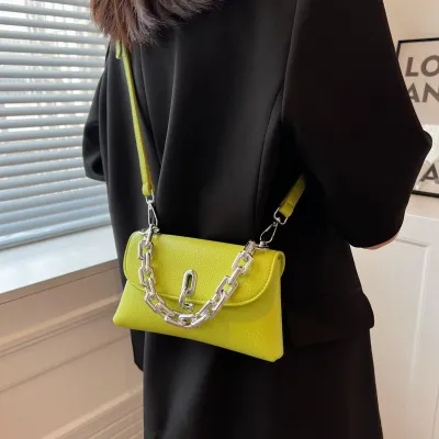 Women Vintage Chain Decorative Flap Buckle Design Solid Color PU Crossbody Bag