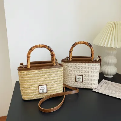 Women Casual Woven Design Wooden Handle Decorative Straw Square Crossbody Bag