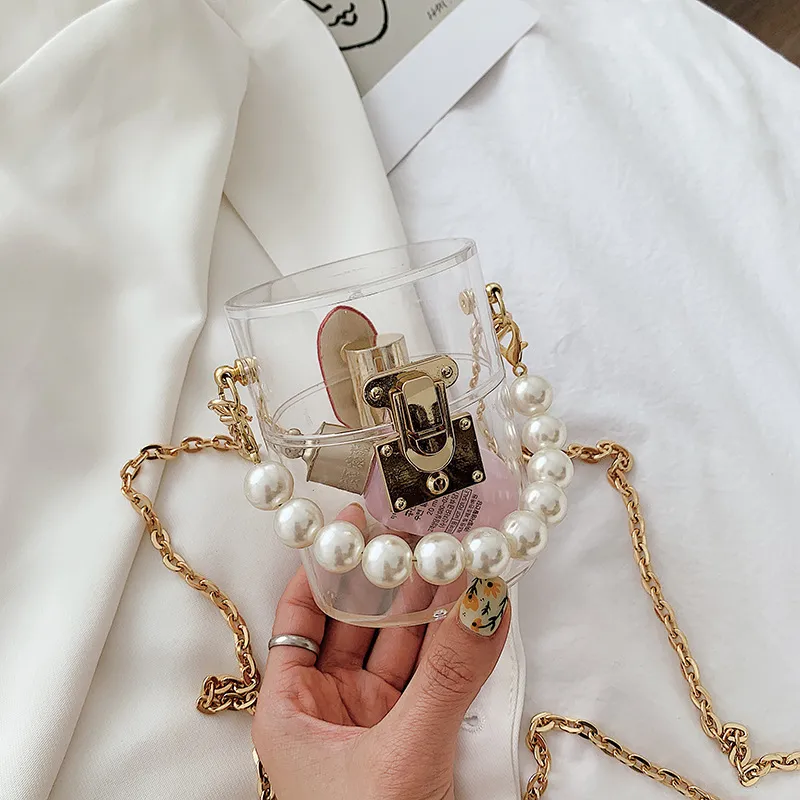 Women Fashion Pearl Chain Decorative Buckle Design Cylindrical Transparent Acrylic Crossbody Bag