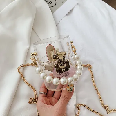 Women Fashion Pearl Chain Decorative Buckle Design Cylindrical Transparent Acrylic Crossbody Bag
