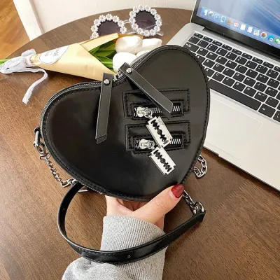 Women Cute Heart Zipper Design Solid Color PU Crossbody Bag