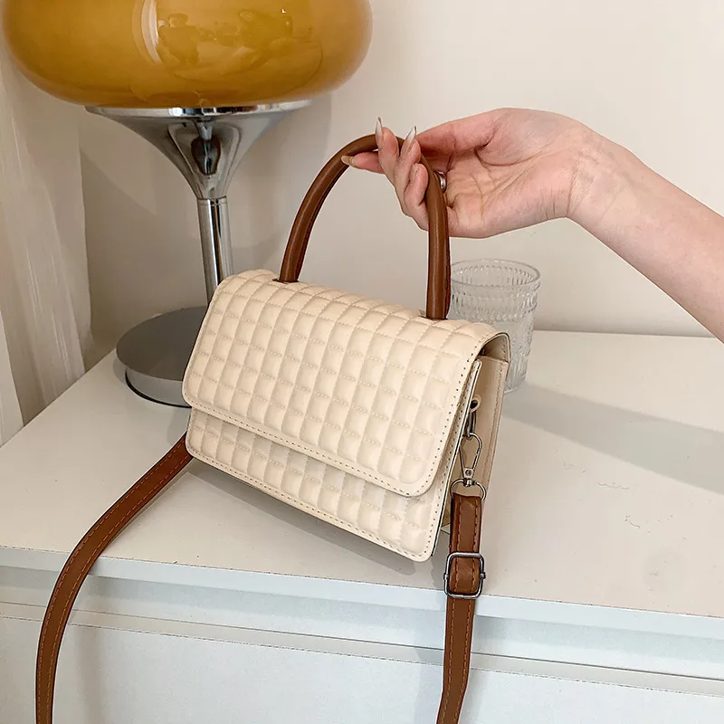 Women Fashion Flap Buckle Design Plaid Embossed Solid Color PU Crossbody Bag