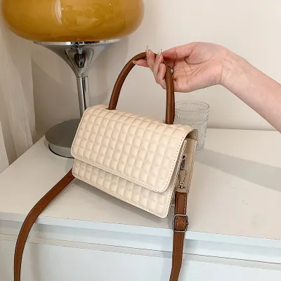 Women Fashion Flap Buckle Design Plaid Embossed Solid Color PU Crossbody Bag