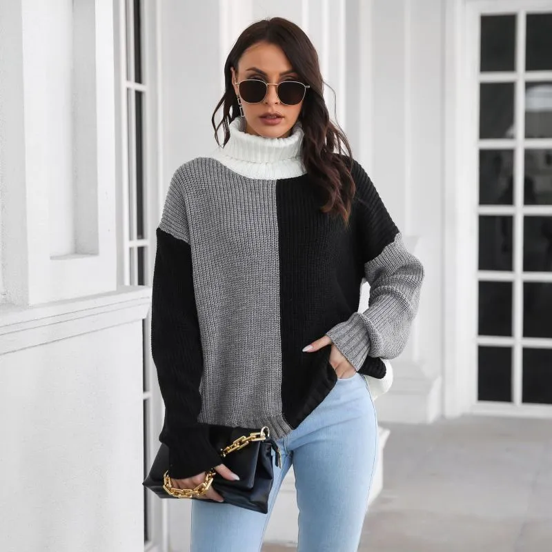 Women Casual Color Blocking Tutle Neck Long-sleeved Color Blocking Knitted Loose Sweater
