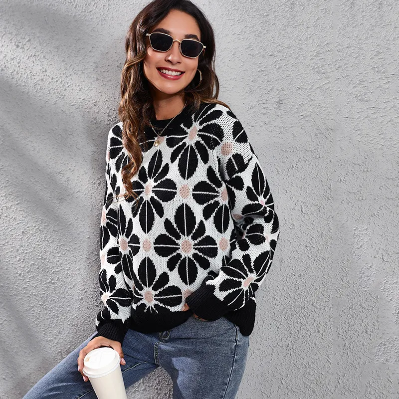 Women Casual Floral Color Blocking Long-sleeved Knitted Loose Sweater
