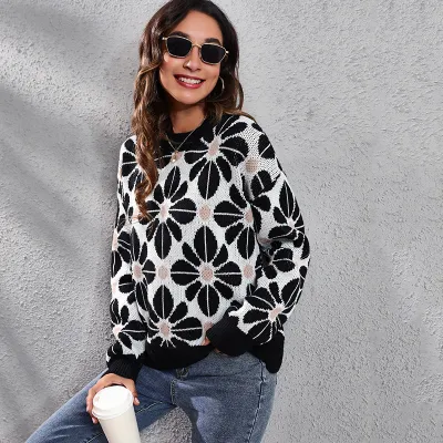 Women Casual Floral Color Blocking Long-sleeved Knitted Loose Sweater