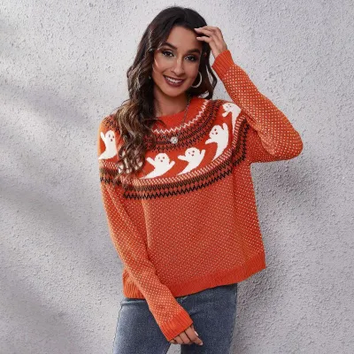 Women Casual Polka Dot Long Sleeves Round Neck Knitted Loose Sweater