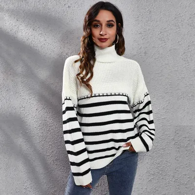 Women Casual Color Blocking Stripe Turtle Neck Knitted Loose Sweater