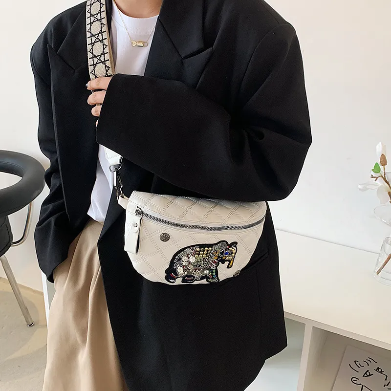 Women Fashion Zipper Design Elephant Pattern Decorative PU Crossbody Bag