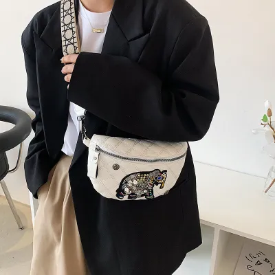 Women Fashion Zipper Design Elephant Pattern Decorative PU Crossbody Bag