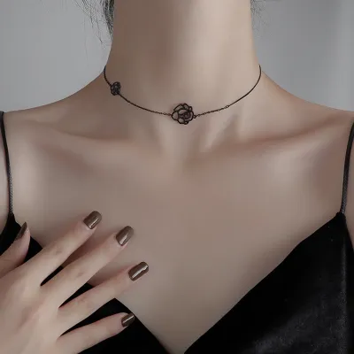Women Fashion Simple Black Camellia Alloy Neck Chain