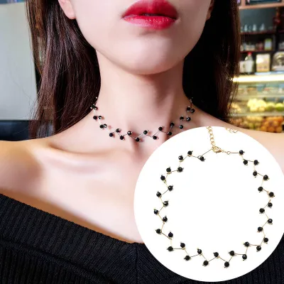 Women Fashion Simple Black Crystal Short Clavicle Chain