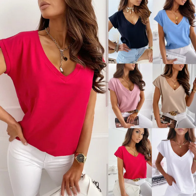 Women Elegant Basic Summer Solid Color Short-sleeved V Neck Simple T-shirt