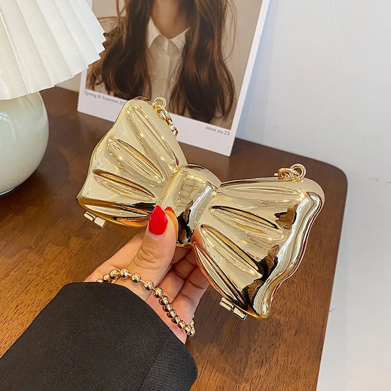 Women Fashion Mini Metal Bow Decorative Crossbody Bag