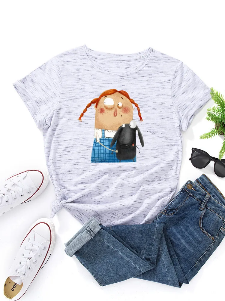 Women Casual Loose Plus Size Round Neck Short-sleeved Graphic Printed Colored T-shirt