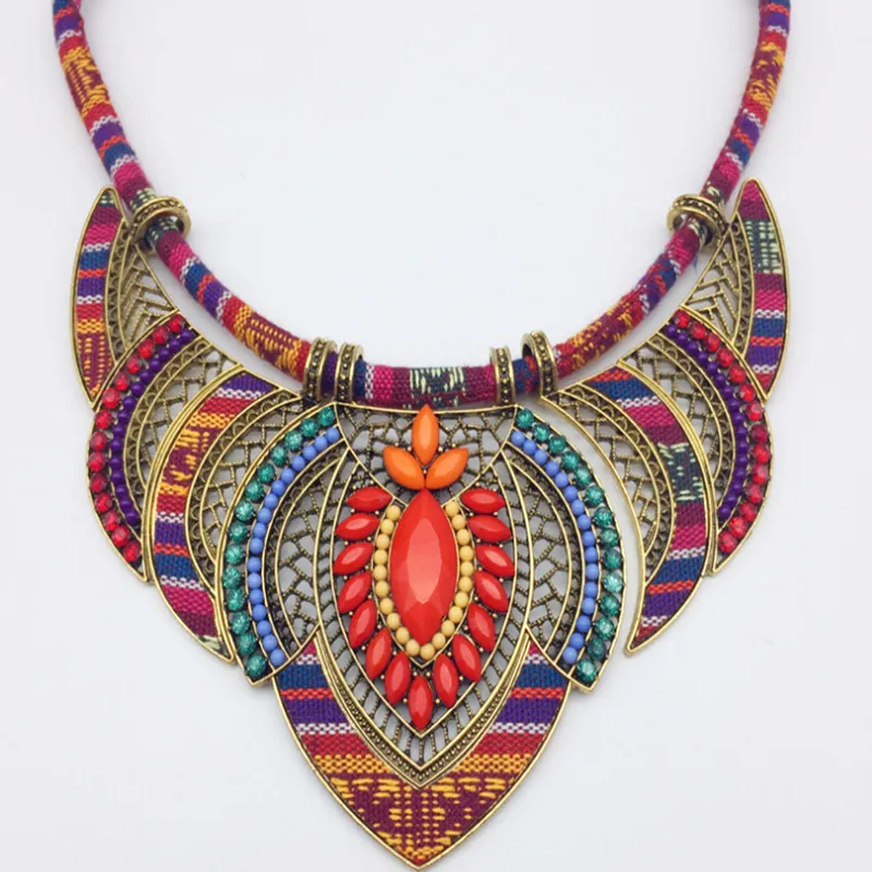 Women Fashion Ethnic Style Multicolor Braided Rope Alloy Diamond Bohemian Necklace