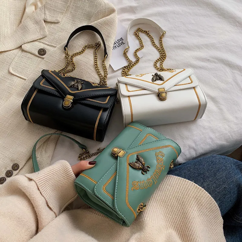 Women Vintage Bee Decoration Flap Buckle Design PU Crossbody Bag