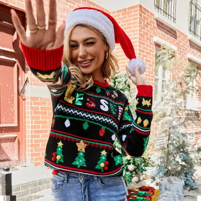 Christmas Embroidered Sequin Long Sleeve Knit Loose Pullover Women Sweater