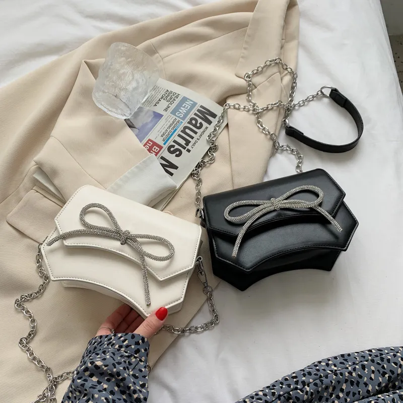 Women Fashion Bow Rhinestone Decorative Flap Design PU Crossbody Bag