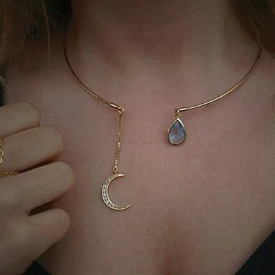 Women Fashion Simple Alloy Diamond Moon Water Drop Short Necklace Necklace