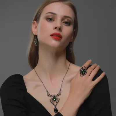 Halloween Women Fashion Exaggerated Retro Green Alloy Halloween Spider Necklace
