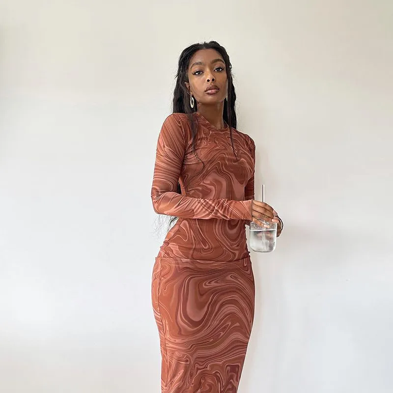 Women Elegant Edgy Fashion Tie Dye Printed Round Neck Long Sleeves Slim Dress