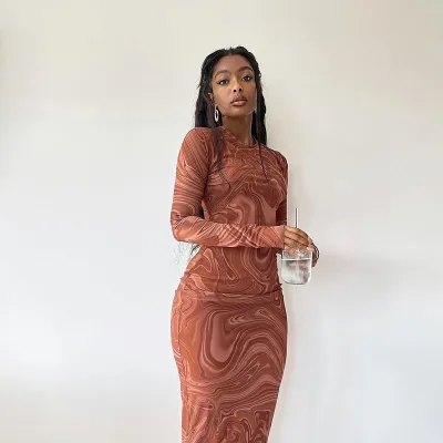 Women Elegant Edgy Fashion Tie Dye Printed Round Neck Long Sleeves Slim Dress