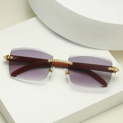 Unisex Fashion Frameless Wood Grain Temple Diamond Sunglasses